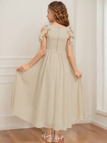 Robes de Demoiselled'Honneur Junior Sans Manches, Coupe A-Line/Princesse, Décolleté Plongeant, Volants