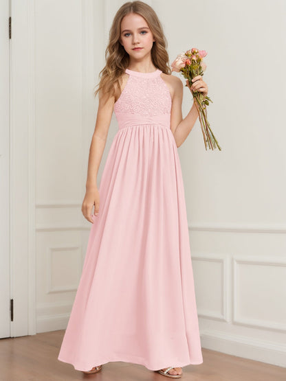 Robes de Demoiselled'Honneur Junior en Dentelle, Coupe A-Line/Princesse, Col Licou, Sans Manches