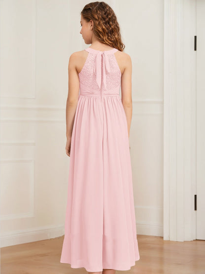 Robes de Demoiselled'Honneur Junior en Dentelle, Coupe A-Line/Princesse, Col Licou, Sans Manches