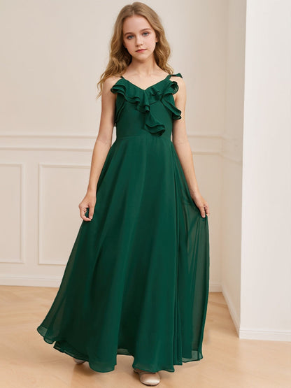 Robe de Demoiselled'Honneur Junior Coupe A-Line/Princesse, Col en V, Sans Manches, à Volants