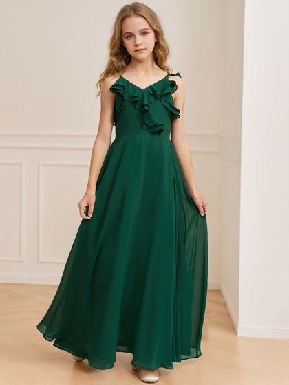 Robe de Demoiselled'Honneur Junior Coupe A-Line/Princesse, Col en V, Sans Manches, à Volants
