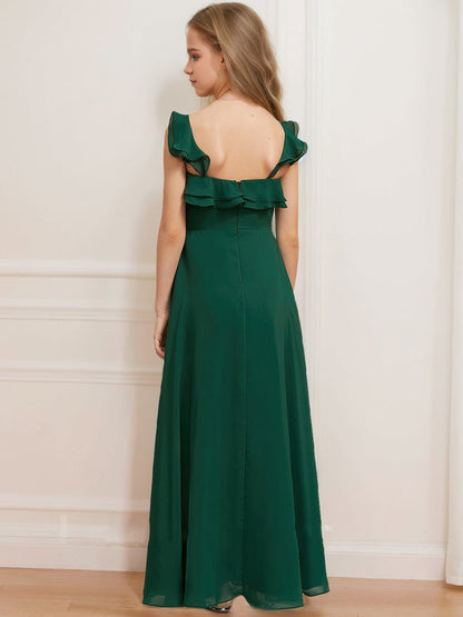Robe de Demoiselled'Honneur Junior Coupe A-Line/Princesse, Col en V, Sans Manches, à Volants