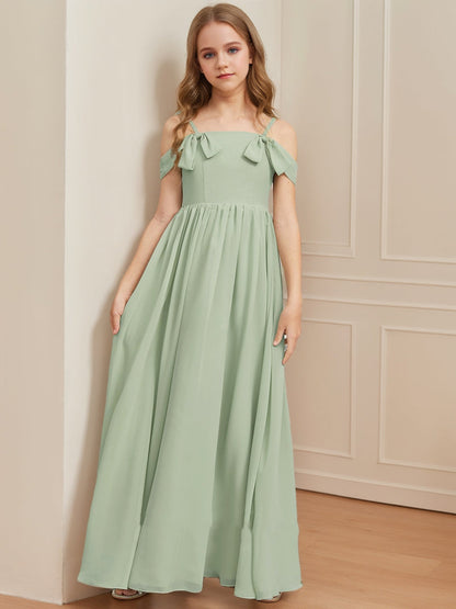 Robe de Demoiselled'Honneur Junior à Volants, Coupe Trapèze/Princesse, Épaules Dénudées, Manches Courtes