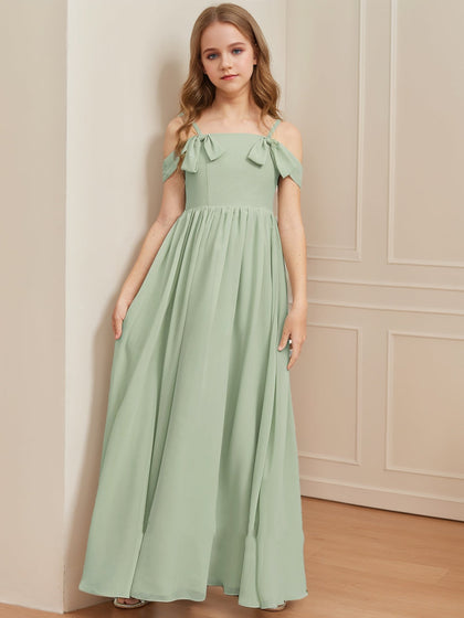 Robe de Demoiselled'Honneur Junior à Volants, Coupe Trapèze/Princesse, Épaules Dénudées, Manches Courtes