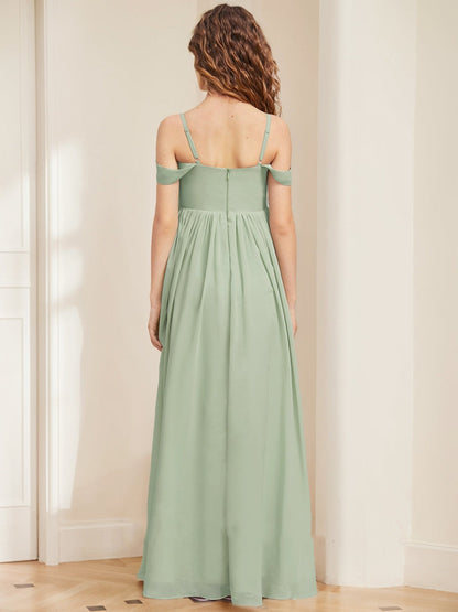 Robe de Demoiselled'Honneur Junior à Volants, Coupe Trapèze/Princesse, Épaules Dénudées, Manches Courtes