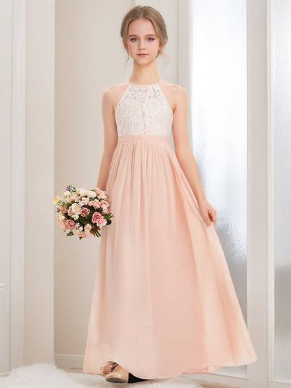 Robes de Demoiselled'Honneur Junior en Dentelle, Coupe A-Line/Princesse, Col Licou, Sans Manches