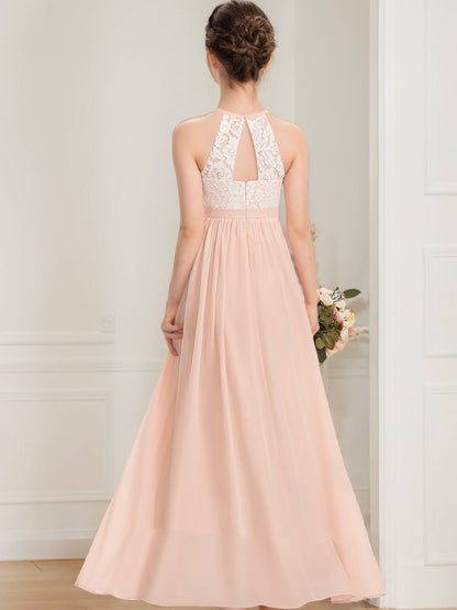 Robes de Demoiselled'Honneur Junior en Dentelle, Coupe A-Line/Princesse, Col Licou, Sans Manches