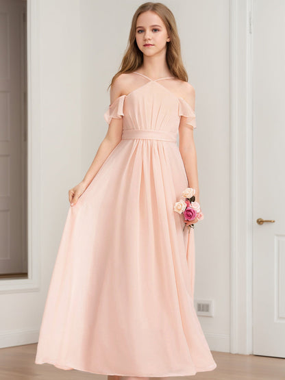 Robe de Demoiselled'Honneur Junior Coupe A-Line/Princesse, Col Licou, Manches Courtes, Nœud