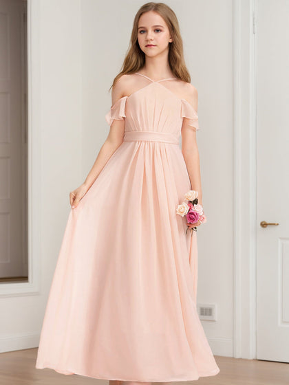 Robe de Demoiselled'Honneur Junior Coupe A-Line/Princesse, Col Licou, Manches Courtes, Nœud