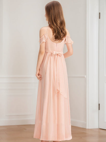 Robe de Demoiselled'Honneur Junior Coupe A-Line/Princesse, Col Licou, Manches Courtes, Nœud
