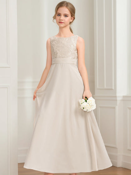 Robes de Demoiselled'Honneur Junior en Dentelle, Coupe A-Line/Princesse, Décolleté Plongeant, Sans Manches