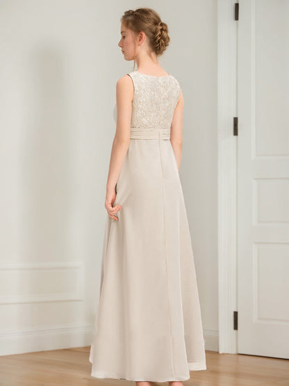 Robes de Demoiselled'Honneur Junior en Dentelle, Coupe A-Line/Princesse, Décolleté Plongeant, Sans Manches