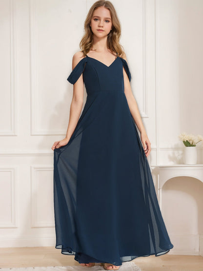 Robe de Demoiselled'Honneur Junior à Volants, Coupe Trapèze/Princesse, Épaules Dénudées, Manches Courtes