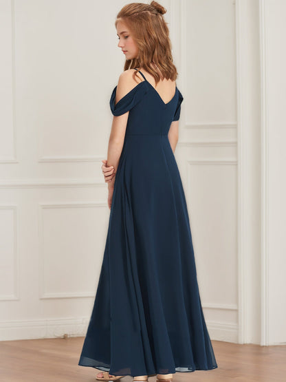 Robe de Demoiselled'Honneur Junior à Volants, Coupe Trapèze/Princesse, Épaules Dénudées, Manches Courtes