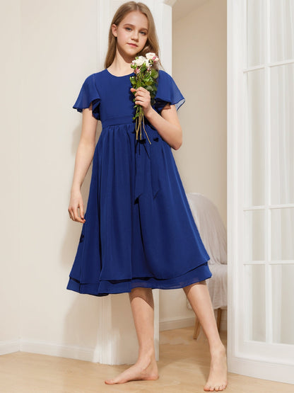 Robes de Demoiselled'Honneur Junior, Coupe A-Line/Princesse, Manches Courtes, Ceinture