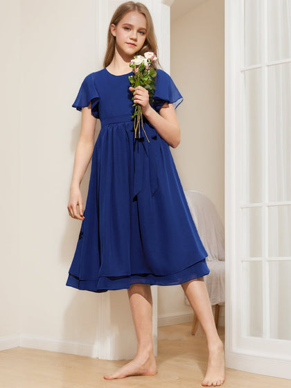 Robes de Demoiselled'Honneur Junior, Coupe A-Line/Princesse, Manches Courtes, Ceinture