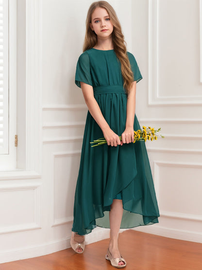 Robes de Demoiselled'Honneur Junior à Manches Courtes et Col en V, Coupe Princesse, Froncée