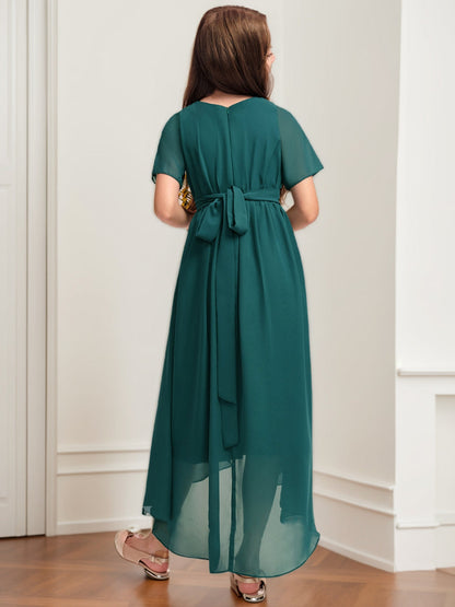 Robes de Demoiselled'Honneur Junior à Manches Courtes et Col en V, Coupe Princesse, Froncée