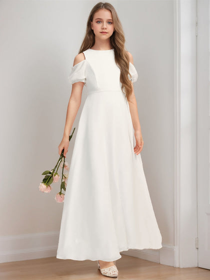 Robe de Demoiselled'Honneur Junior Coupe A-Line/Princesse, Épaules Dénudées, Manches Courtes, Nœud