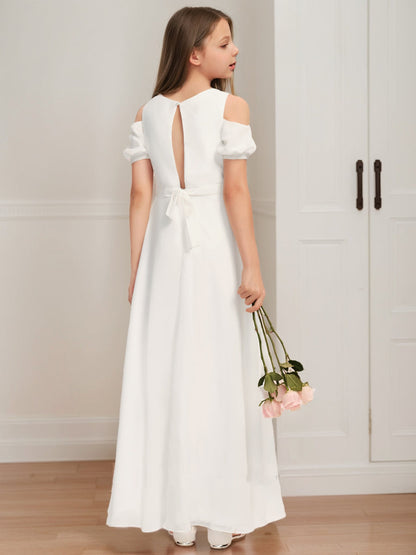 Robe de Demoiselled'Honneur Junior Coupe A-Line/Princesse, Épaules Dénudées, Manches Courtes, Nœud