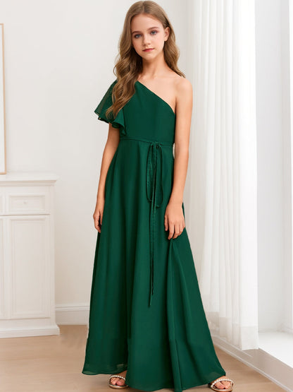 Robes de Demoiselled'Honneur Junior Asymétriques à Une Épaule, Coupe A-Line/Princesse avec Ceinture