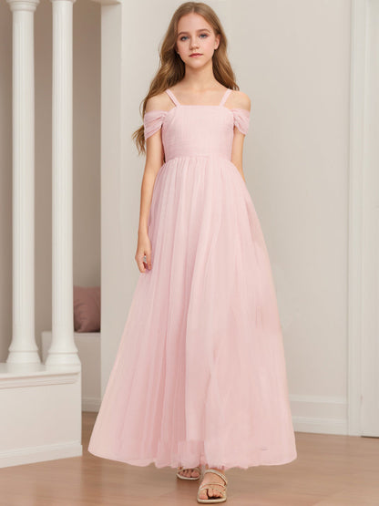 Robe de Demoiselled'Honneur Junior à Volants, Coupe Trapèze/Princesse, Épaules Dénudées, Manches Courtes