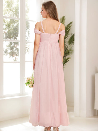 Robe de Demoiselled'Honneur Junior à Volants, Coupe Trapèze/Princesse, Épaules Dénudées, Manches Courtes