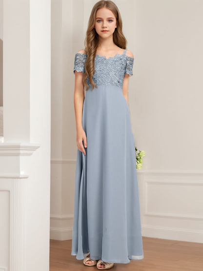 Robe de Demoiselled'Honneur Junior en Dentelle, Coupe Trapèze/Princesse, Épaules Dénudées, Manches Courtes
