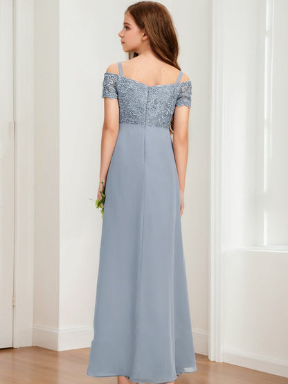 Robe de Demoiselled'Honneur Junior en Dentelle, Coupe Trapèze/Princesse, Épaules Dénudées, Manches Courtes