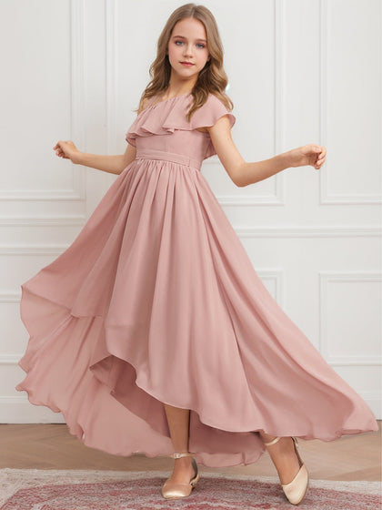 Robes de Demoiselled'Honneur Junior Asymétriques Sans Manches, Coupe A-Line/Princesse, à Volants