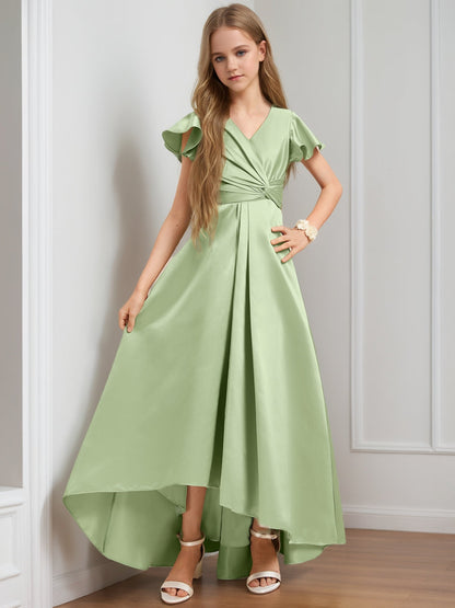 Robes de Demoiselled'Honneur Junior, Coupe A-Line/Princesse, Col en V, Manches Courtes, Volants