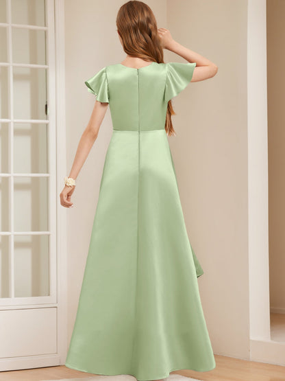 Robes de Demoiselled'Honneur Junior, Coupe A-Line/Princesse, Col en V, Manches Courtes, Volants