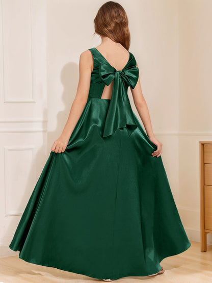 Robes de Demoiselled'Honneur Junior Sans Manches, Coupe A-Line/Princesse, Décolleté Plongeant avec Nœud