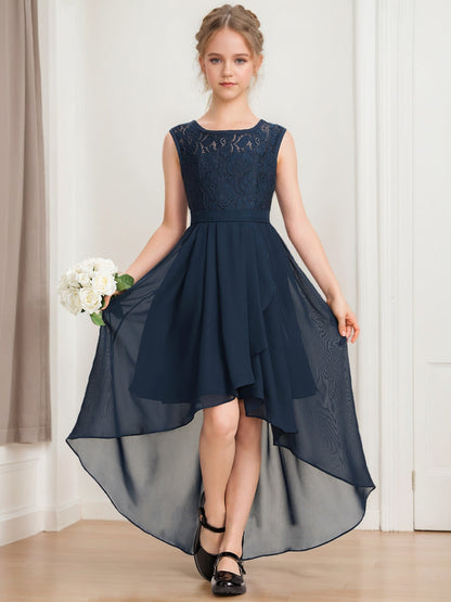 Robes de Demoiselled'Honneur Junior en Dentelle, Coupe A-Line/Princesse, Décolleté Plongeant, Sans Manches