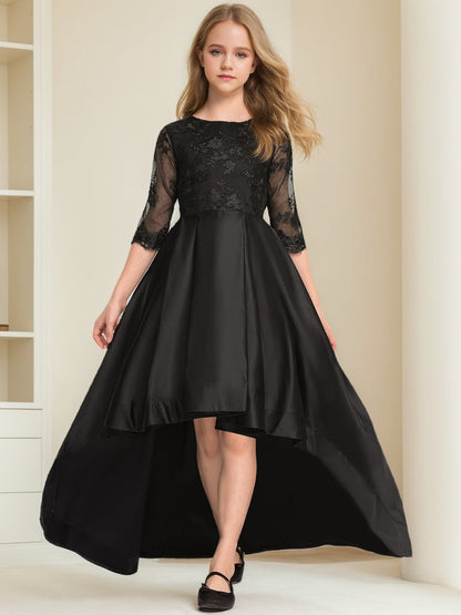 Robes de Demoiselled'Honneur Junior en Dentelle, Coupe A-Line/Princesse, Manches Courtes et Décolleté Plongeant