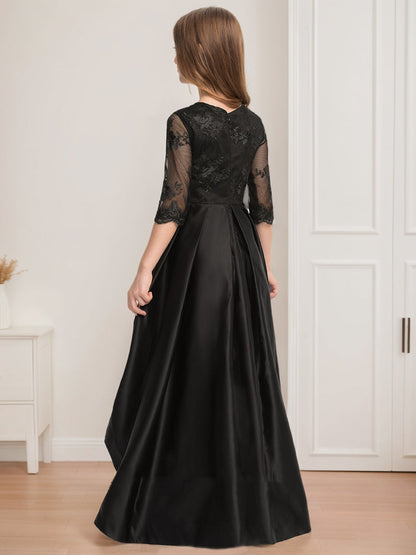 Robes de Demoiselled'Honneur Junior en Dentelle, Coupe A-Line/Princesse, Manches Courtes et Décolleté Plongeant