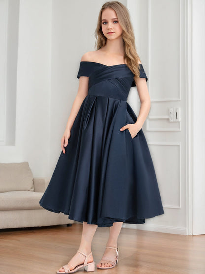 Robes de Demoiselled'Honneur Junior à Volants, Coupe A-Line/Princesse, Épaules Dénudées, Manches Courtes