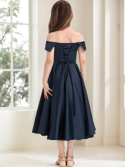 Robes de Demoiselled'Honneur Junior à Volants, Coupe A-Line/Princesse, Épaules Dénudées, Manches Courtes