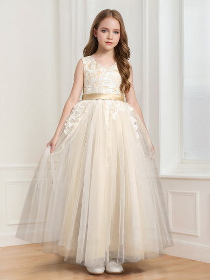 Robe de Demoiselled'Honneur Trapèze/Princesse en Tulle, Col en V, Longueur au Sol avec Appliques