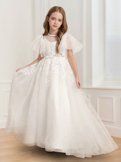Robe de Demoiselled'Honneur Trapèze/Princesse à Manches Volantées et Décolleté Plongeant en Tulle avec Appliques
