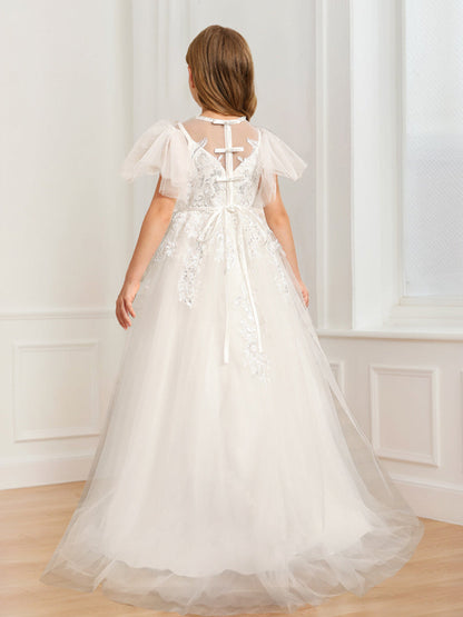 Robe de Demoiselled'Honneur Trapèze/Princesse à Manches Volantées et Décolleté Plongeant en Tulle avec Appliques