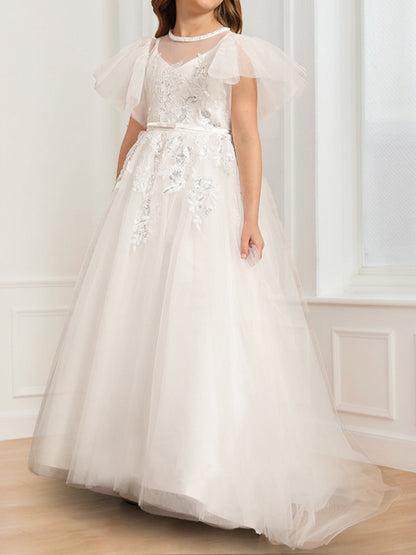 Robe de Demoiselled'Honneur Trapèze/Princesse à Manches Volantées et Décolleté Plongeant en Tulle avec Appliques