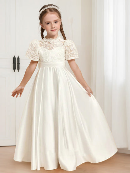 Robe de Demoiselled'Honneur en Satin, Coupe Trapèze/Princesse, Col Haut, Manches Courtes avec Nœud