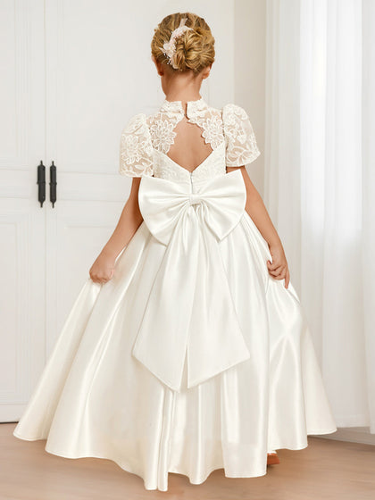 Robe de Demoiselled'Honneur en Satin, Coupe Trapèze/Princesse, Col Haut, Manches Courtes avec Nœud