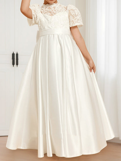 Robe de Demoiselled'Honneur en Satin, Coupe Trapèze/Princesse, Col Haut, Manches Courtes avec Nœud