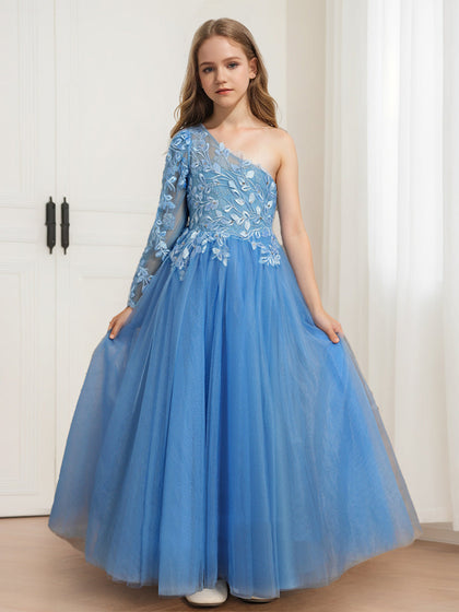 Robe de Demoiselled'Honneur Trapèze/Princesse à Une Épaule, Manches Longues, en Tulle avec Appliques