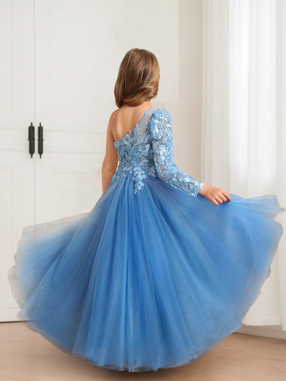 Robe de Demoiselled'Honneur Trapèze/Princesse à Une Épaule, Manches Longues, en Tulle avec Appliques