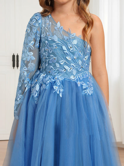 Robe de Demoiselled'Honneur Trapèze/Princesse à Une Épaule, Manches Longues, en Tulle avec Appliques