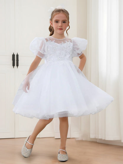 Robe de Demoiselled'Honneur Trapèze/Princesse à Manches Bouffantes et Col Rond en Tulle avec Perles