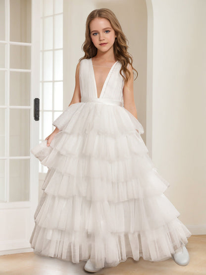 Robe de Demoiselled'Honneur Trapèze/Princesse en Tulle à Volants et Col en V, Longueur au Sol